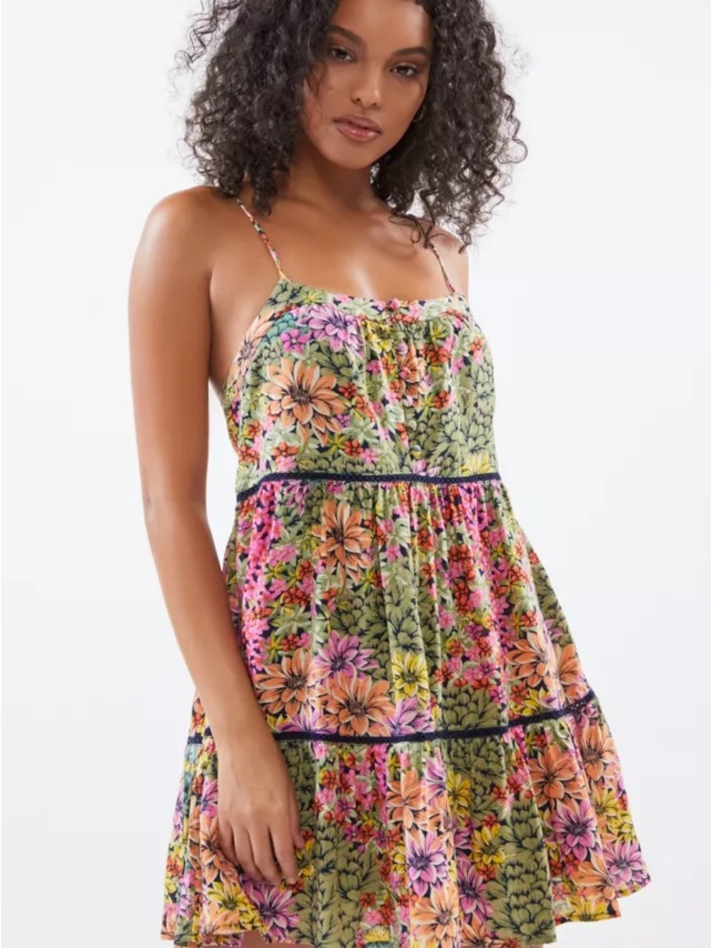 Urban Outfitters Floral Spaghetti-Strap Mini Dress - Green Multi
